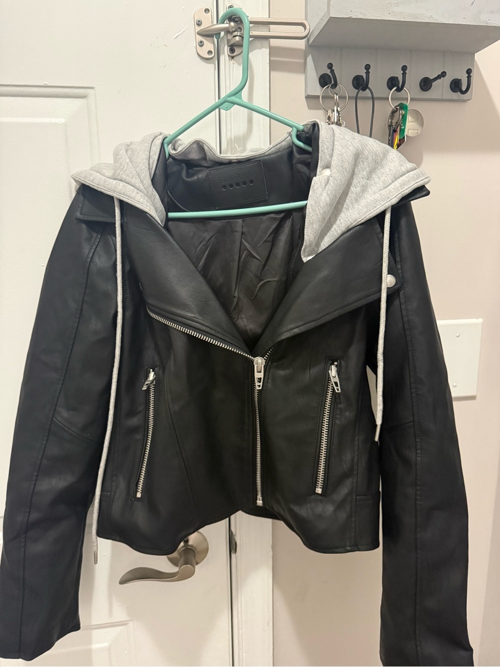 Blank NYC Black Faux Leather Jacket with Gray Hood